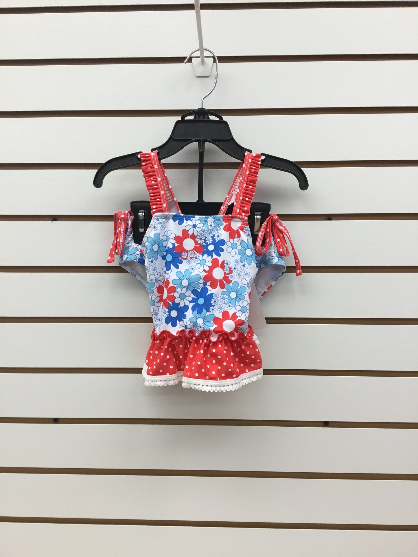 2 piece red, white and blue flower swimsuit