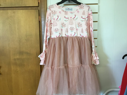 Pink Reindeer Tulle Ruffle Sleeve Dress