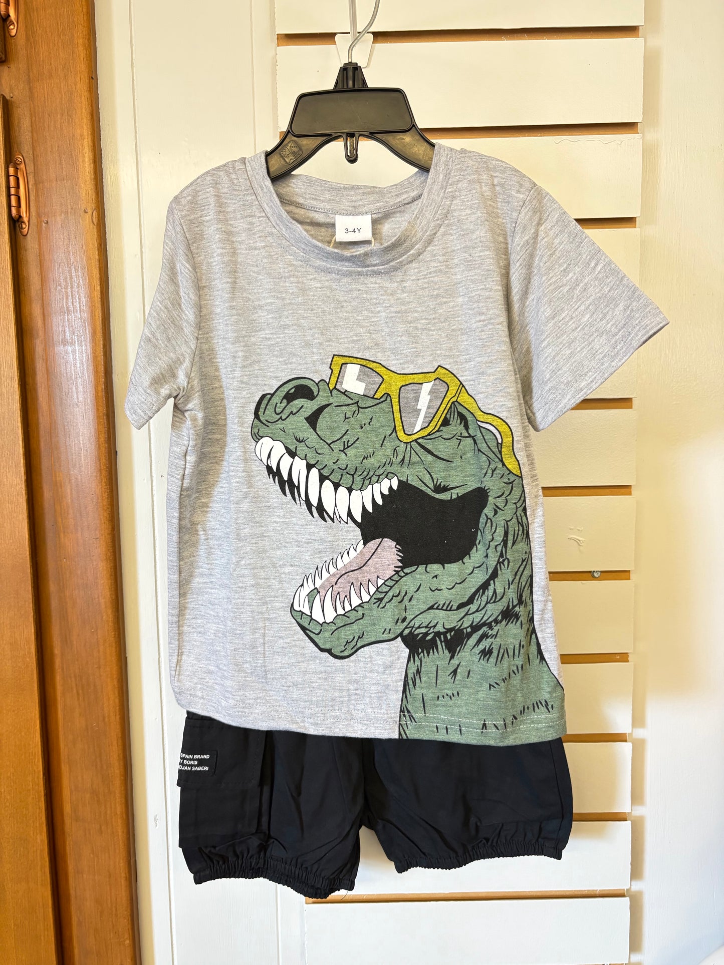 Grey Dinosaur Shirt with Black Cargo Shorts