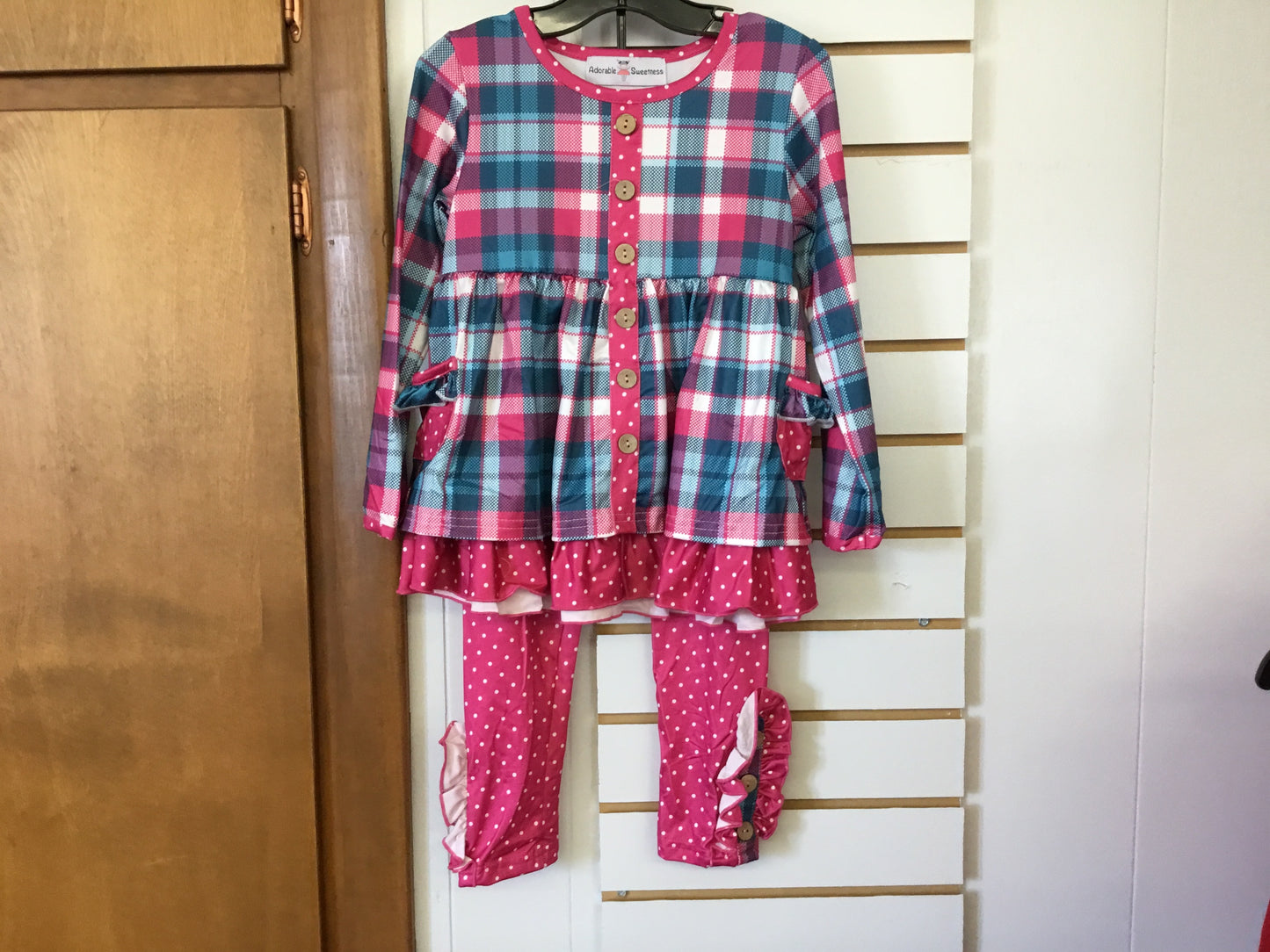 Hot Pink & Teal Plaid Ruffle Pocket Button Legging Set