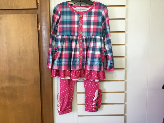 Hot Pink & Teal Plaid Ruffle Pocket Button Legging Set