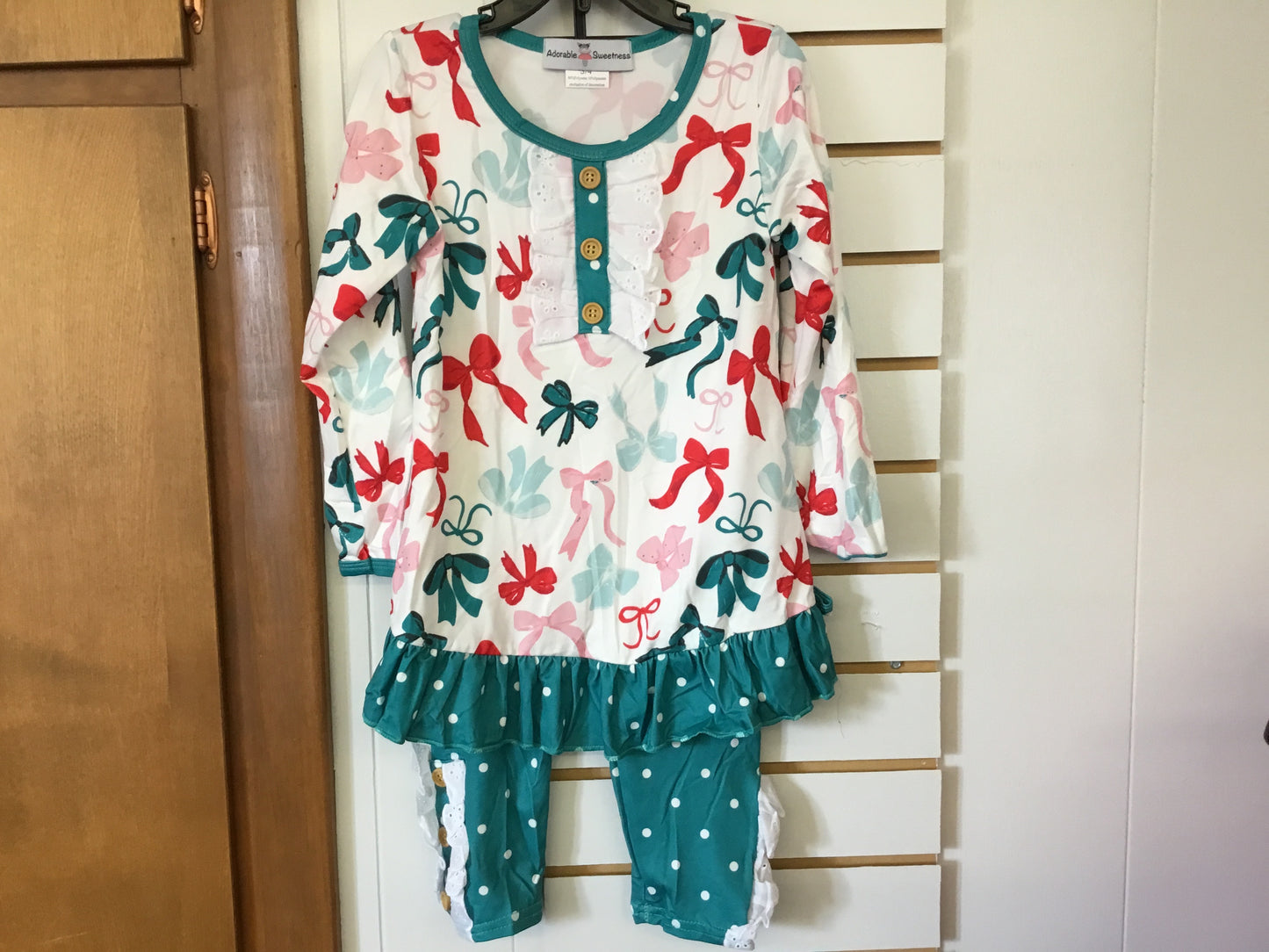 Teal Coquette Bow & Pin Dot Pant Set