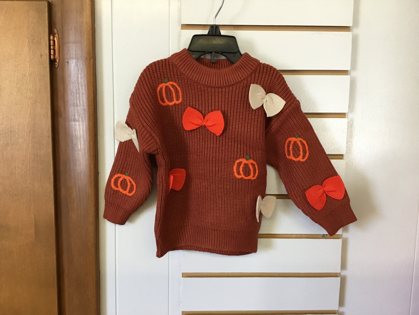 Brown Pumpkin & Bow Knit Pullover Knit Sweater
