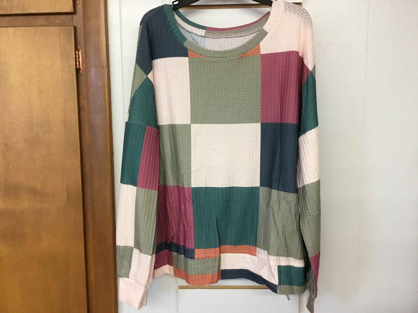Checkered Textured Knit Loose Fitting Long Sleeve Women Top