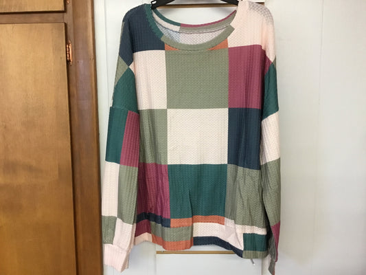 Checkered Textured Knit Loose Fitting Long Sleeve Women Top