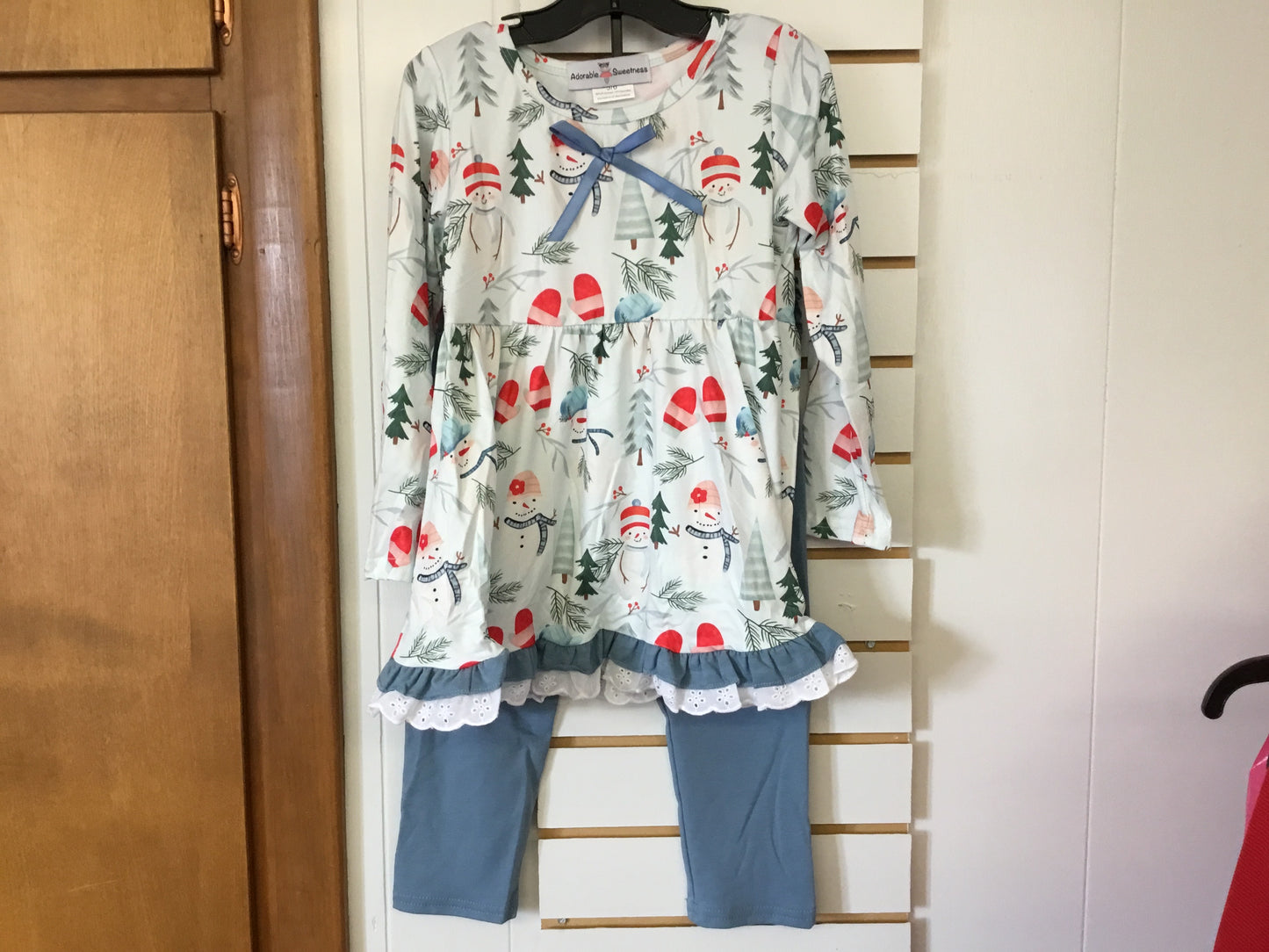 Snowman Lace Ruffle Pocket Winter Pant Set